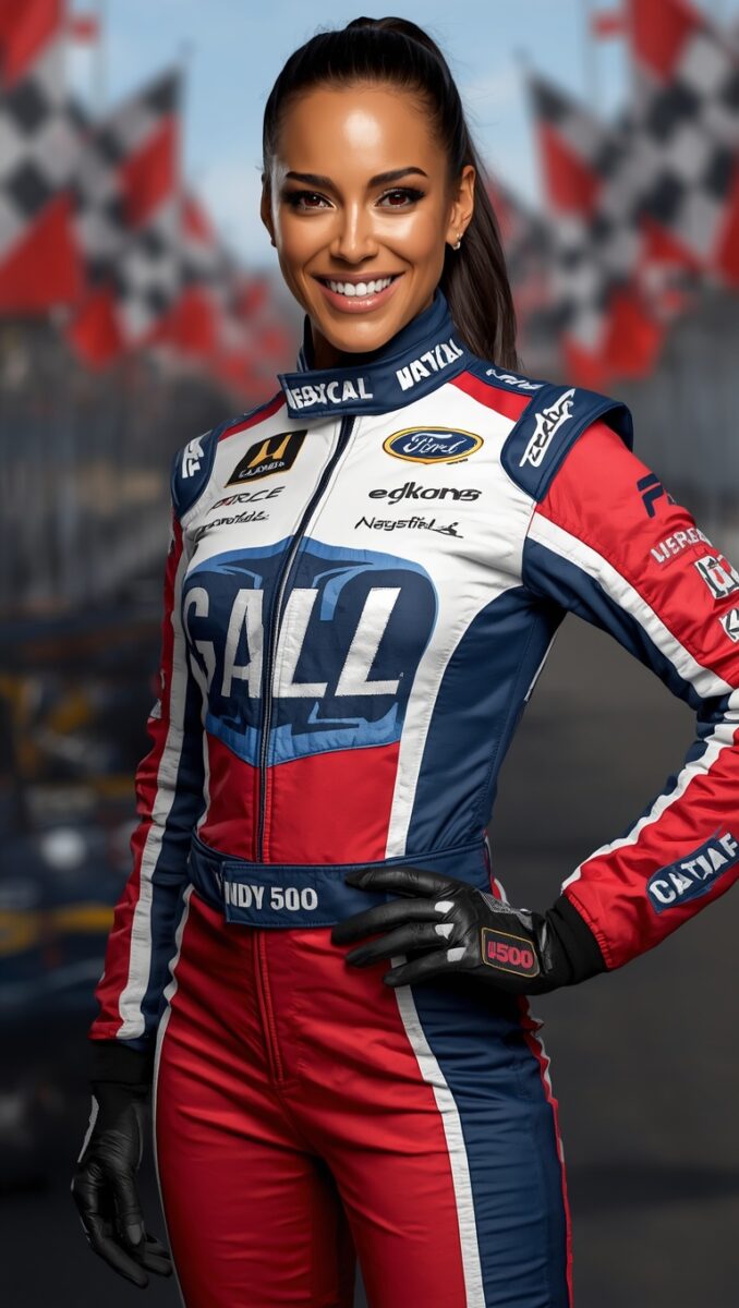 Smiling female race car driver in red, white, and blue Ford-sponsored racing suit with Indy 500 branding