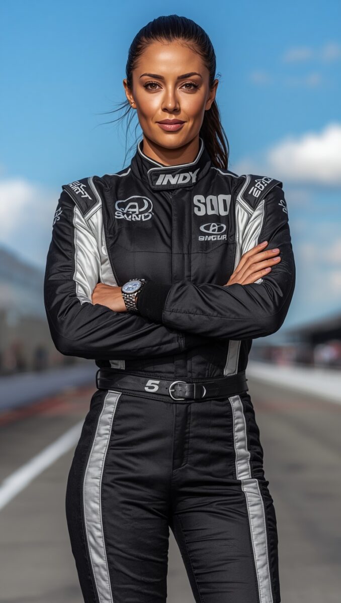 Female racing driver in black and silver Indy racing suit standing confidently on a racetrack with arms crossed