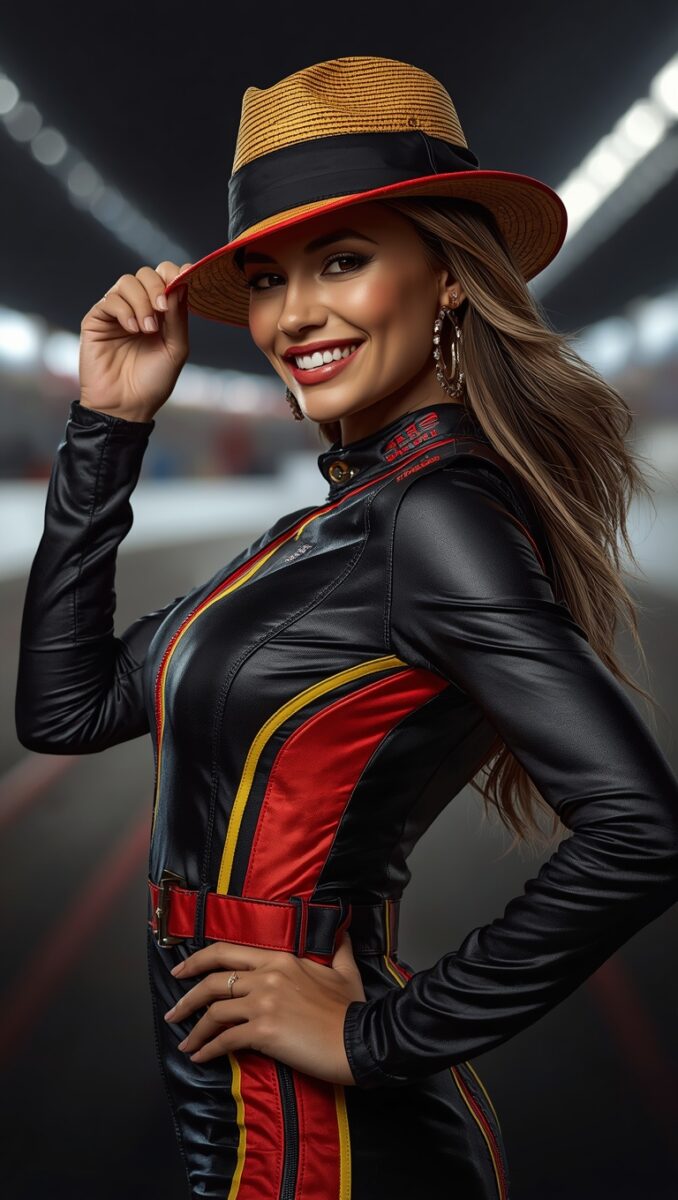 Smiling woman in black red and yellow racing suit with straw fedora hat at a motorsport track