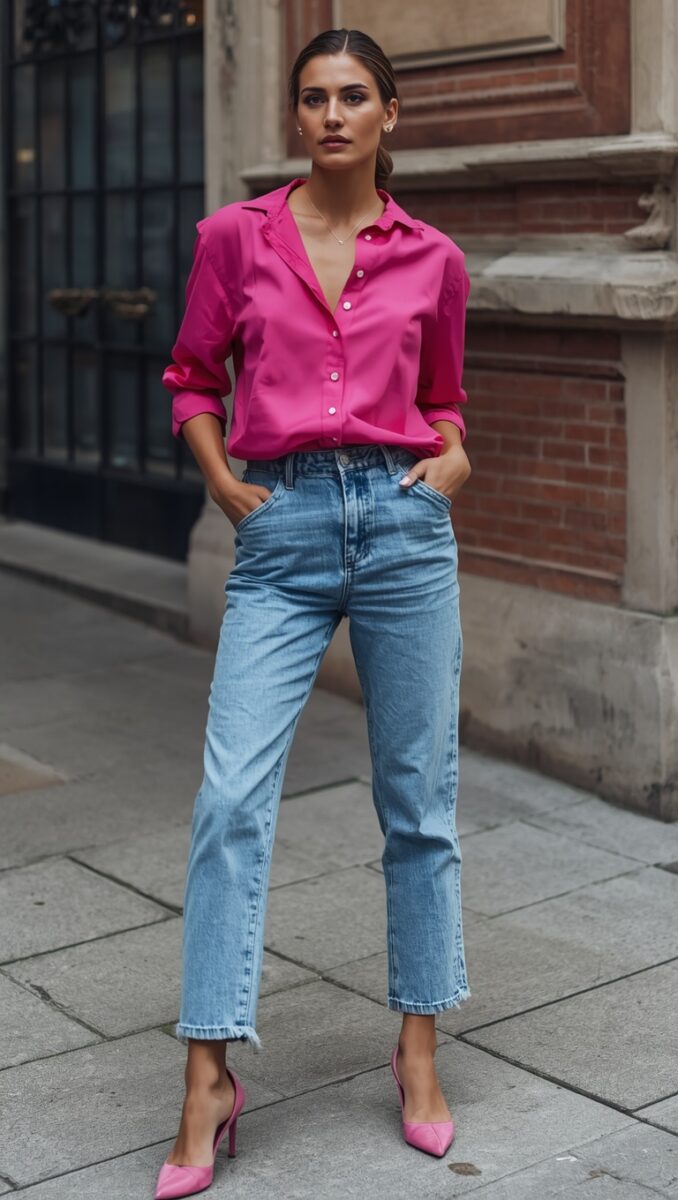 Woman wearing hot pink button-up shirt, light wash straight-leg jeans, and pink stiletto heels on a city street