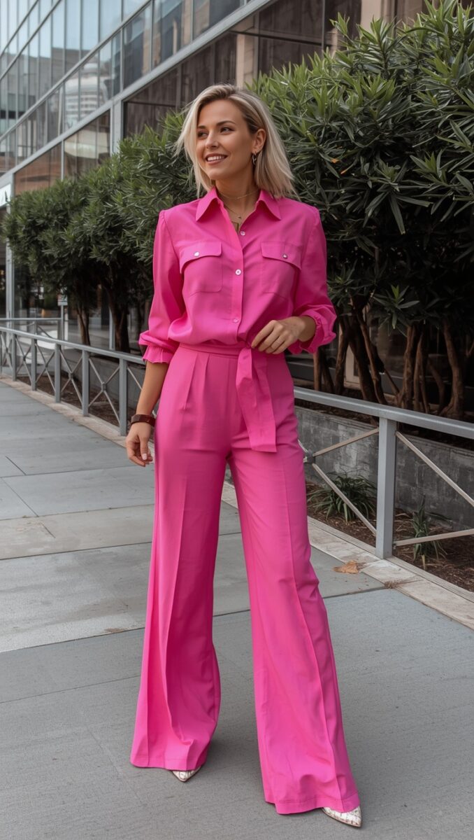 Woman wearing a matching hot pink button-up shirt and wide-leg trousers set on a city sidewalk
