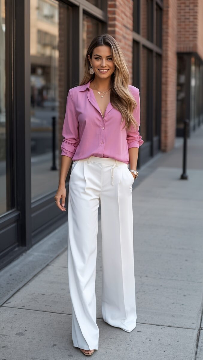 Woman wearing pink silk button-up blouse with white wide-leg trousers standing on city sidewalk