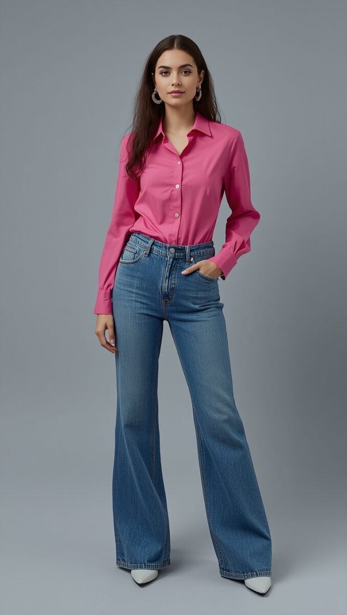 Woman wearing hot pink button-down shirt tucked into high-waist blue flare jeans with white heels