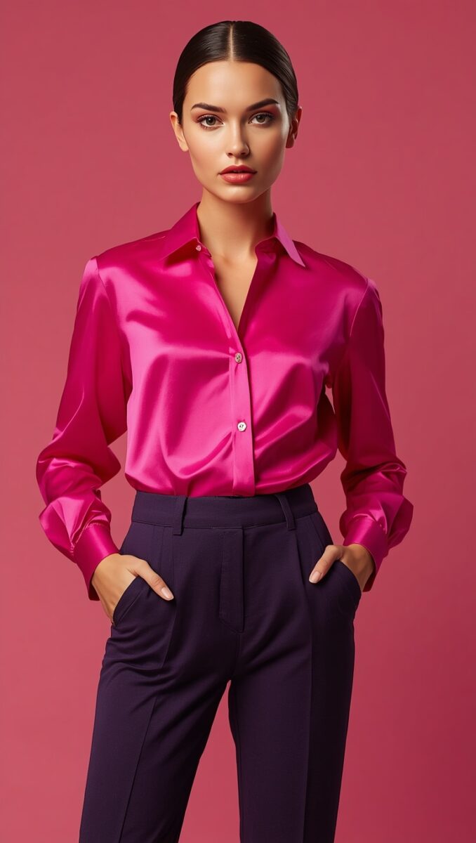 Woman wearing a hot pink satin blouse with navy high-waisted trousers against a pink background