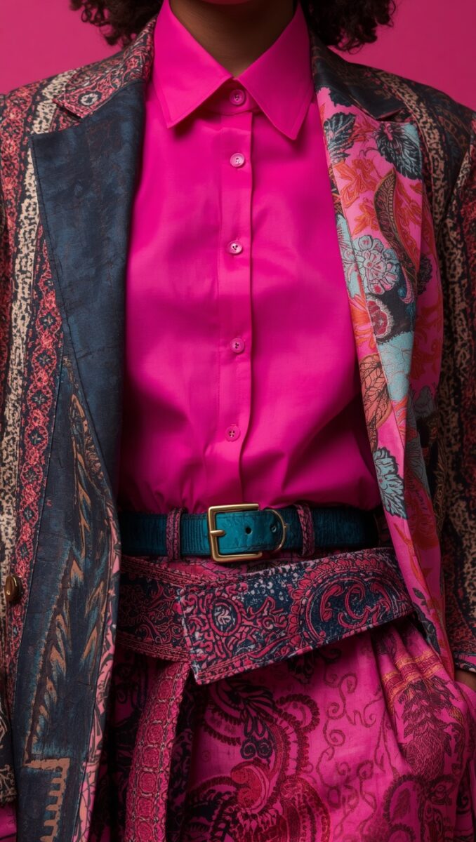 Person wearing hot pink satin shirt, paisley patterned jacket and skirt, with teal leather belt with gold buckle