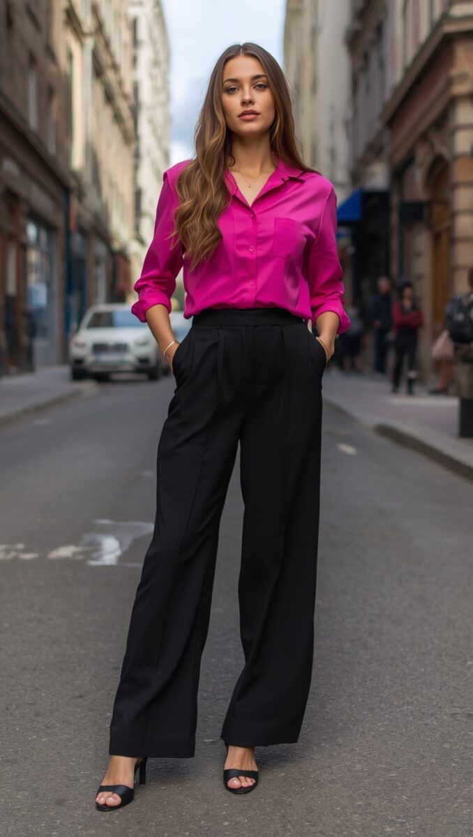 Woman in magenta silk blouse and black wide-leg trousers with black heeled mules on city street