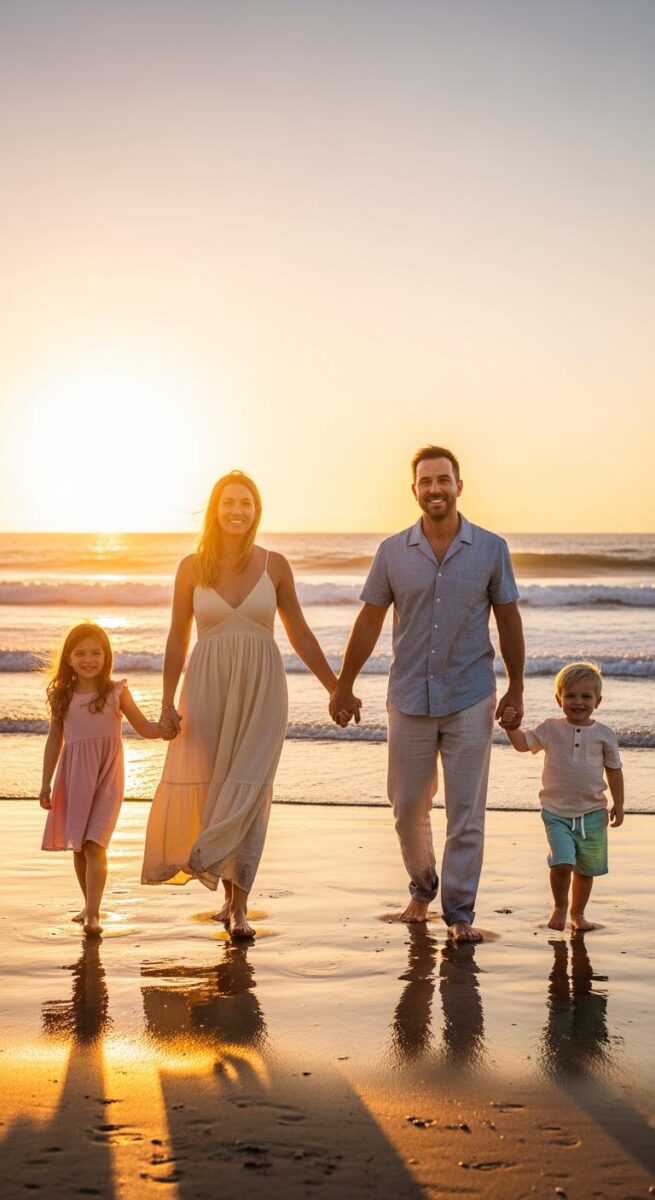 Family of four holding hands walking on a beach at golden sunset with ocean waves in the background