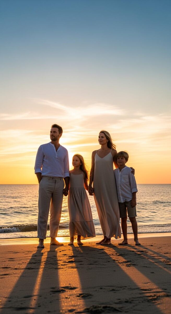 Family of four standing on beach at golden sunset, parents holding hands with daughter, son beside mother