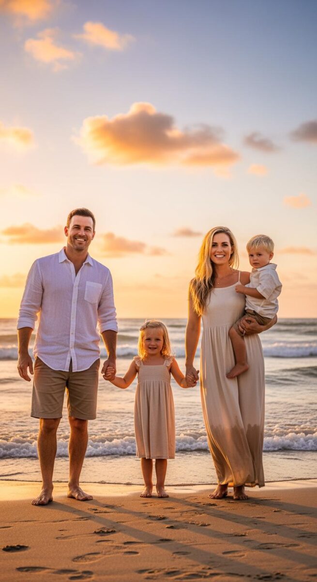 Happy family of four posing on a sandy beach at golden sunset, parents holding hands with young daughter while mother holds toddler son