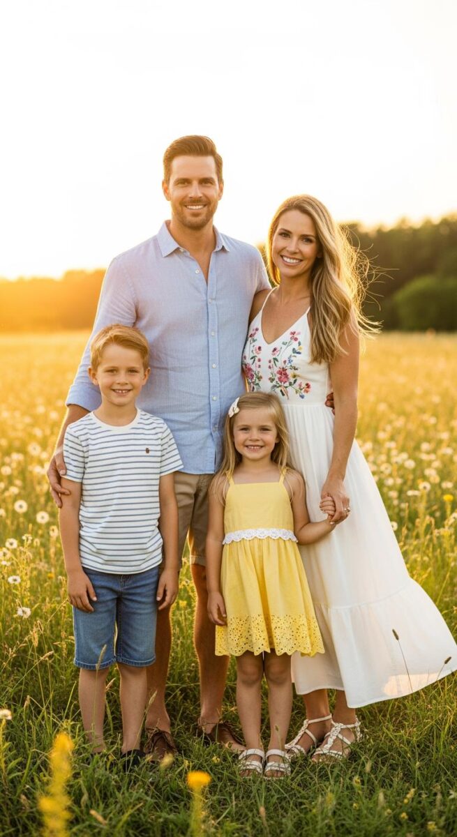 Happy family of four posing in a sunny wildflower field at golden hour, parents with two young children smiling