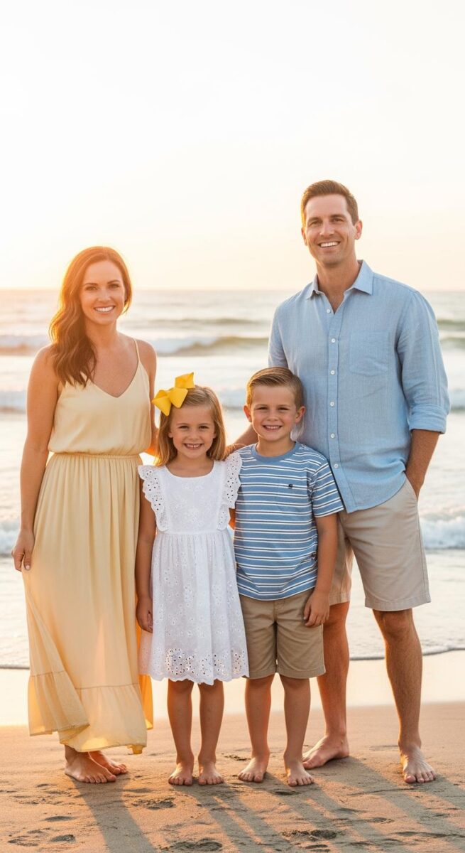 Happy family of four posing barefoot on a sandy beach at golden hour sunset