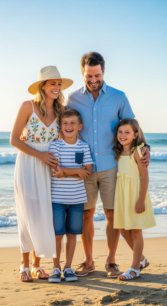 Happy family of four smiling together on a sunny beach, parents with two children in casual summer outfits