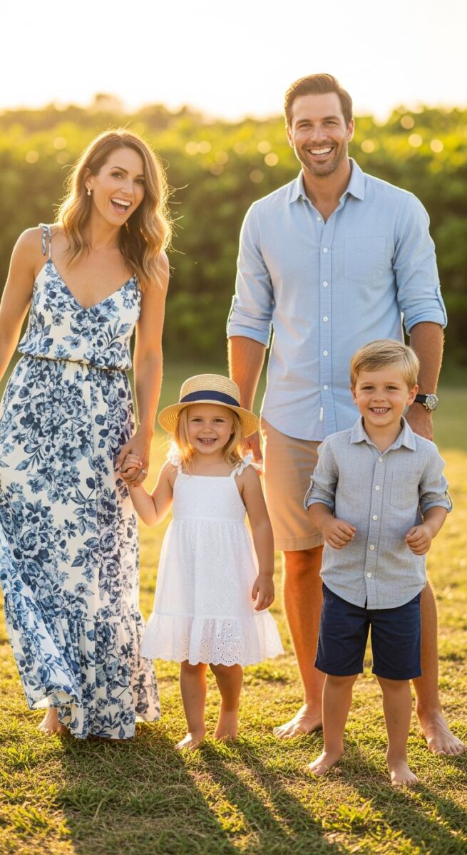 Happy family of four smiling outdoors at golden hour in a sunny green field