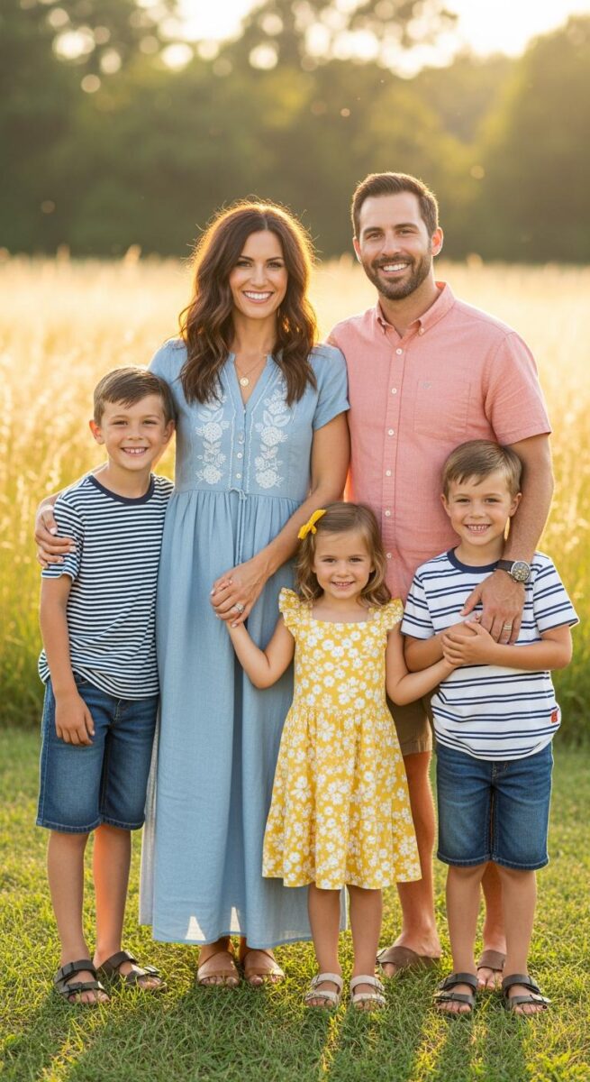 Happy family of five posing in a golden sunlit field, parents with two boys and a young girl in summer outfits