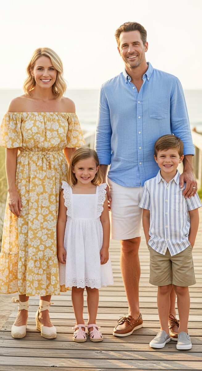 Happy family of four posing on a beach boardwalk in coordinated summer outfits at golden hour