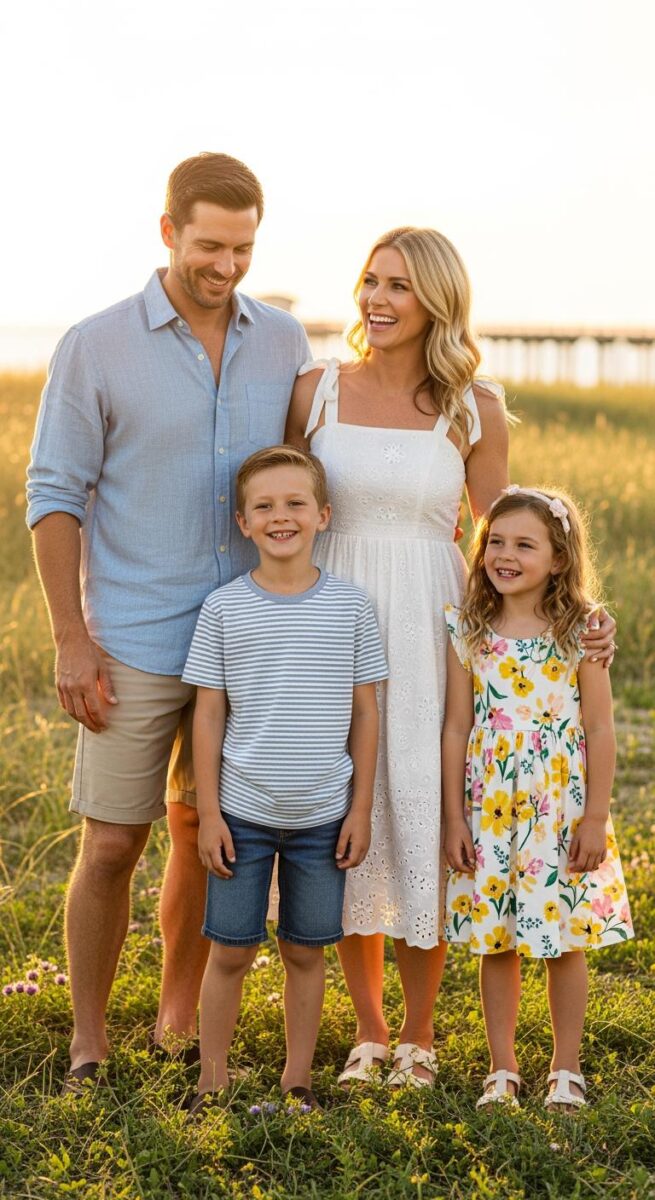 Happy family of four smiling together in a sunny meadow near waterfront during golden hour