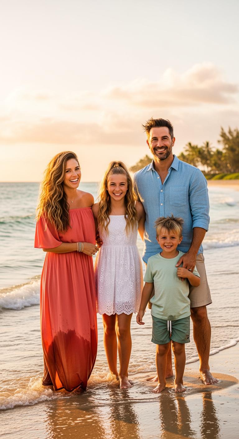 Happy family of four smiling together on a sandy beach at sunset with ocean waves in the background