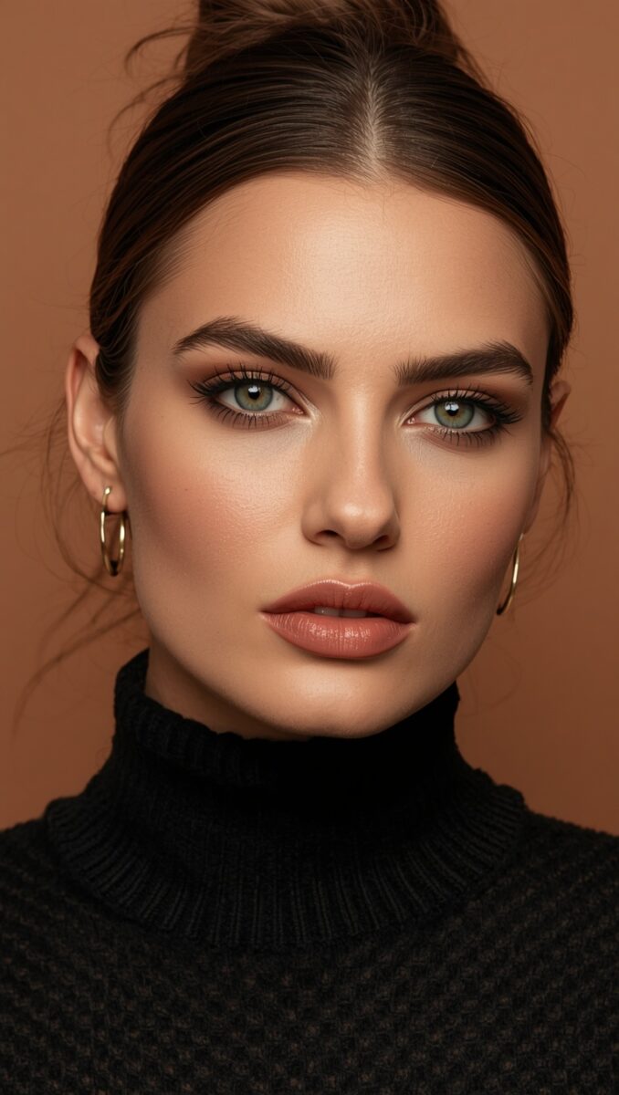 Woman with green eyes, bold brows, smoky eye makeup, nude lips, gold hoop earrings, and black turtleneck sweater