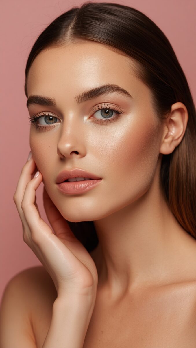 Young woman with glowing skin, blue-gray eyes, and natural makeup touching her cheek against a pink background