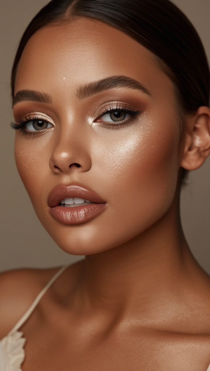Close-up portrait of a woman with glowing skin, bronze eyeshadow, winged liner, and glossy nude-brown lips