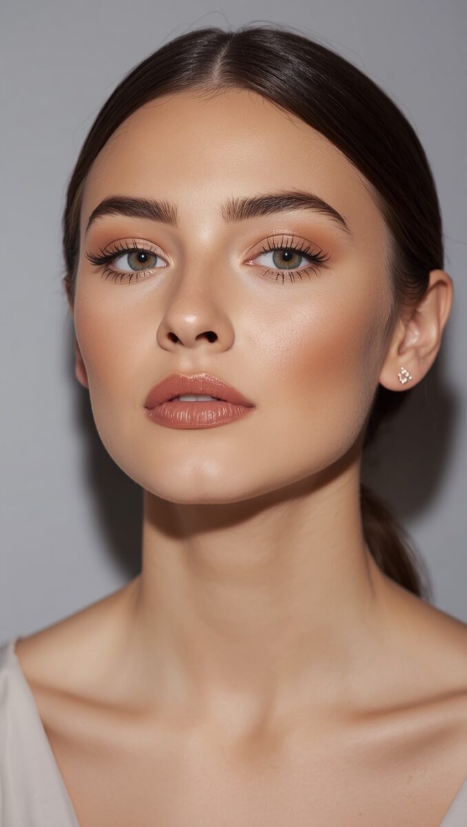 Young woman with dark hair pulled back, green eyes, natural glam makeup, and small stud earring against gray background