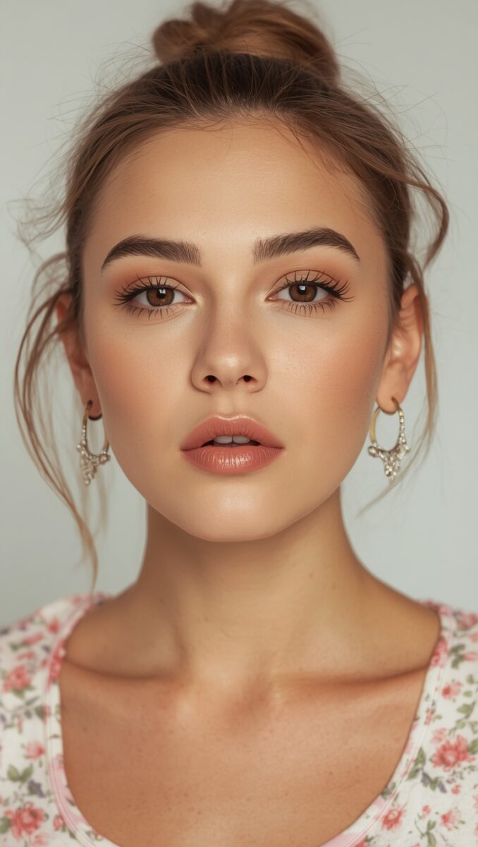 Young woman with brown hair in messy bun, natural makeup, crystal hoop earrings, and floral top