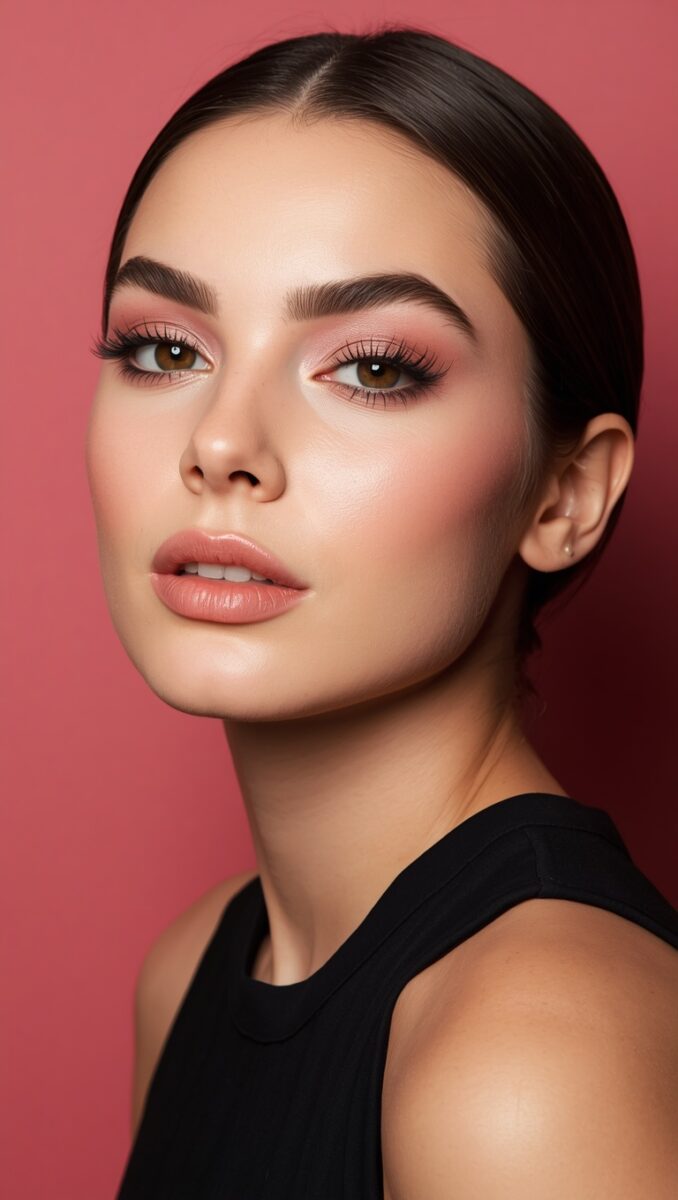 Young woman with flawless skin, pink eyeshadow, bold brows, and glossy nude lips against a pink background