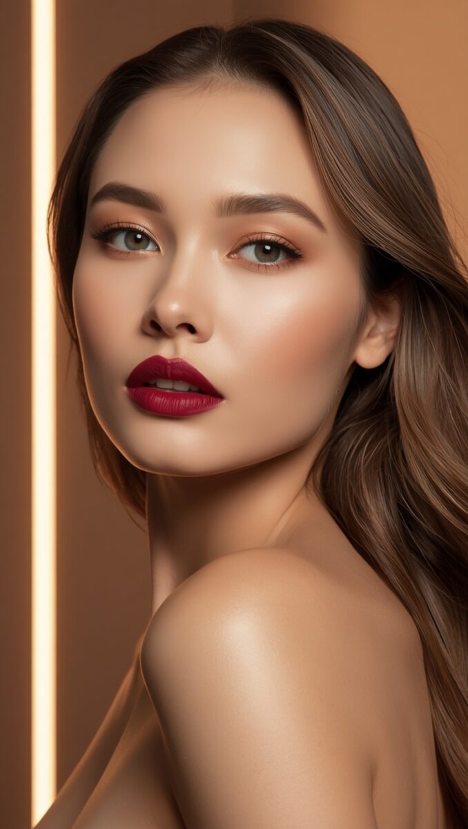 Close-up beauty portrait of a woman with dark brown hair, deep red lips, warm eyeshadow, and glowing skin