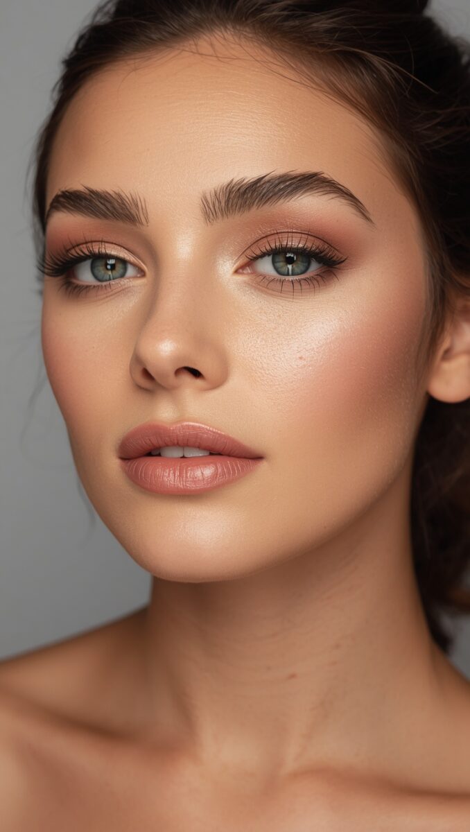 Close-up portrait of woman with natural glam makeup featuring warm eyeshadow, defined brows, and nude lips