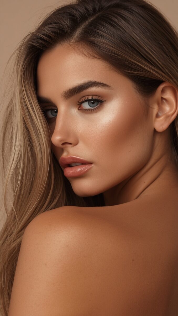 Close-up portrait of a woman with glowing bronzed skin, blue-green eyes, and natural makeup with highlighted cheekbones