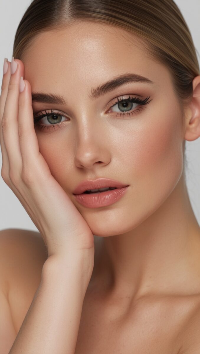 Close-up of woman with green eyes and natural glam makeup, hand resting gently against her cheek