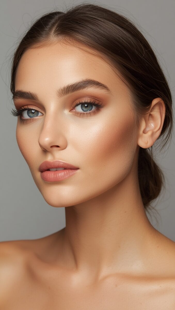 Close-up portrait of a woman with blue eyes and natural glam makeup including bronzed eyeshadow and nude lips
