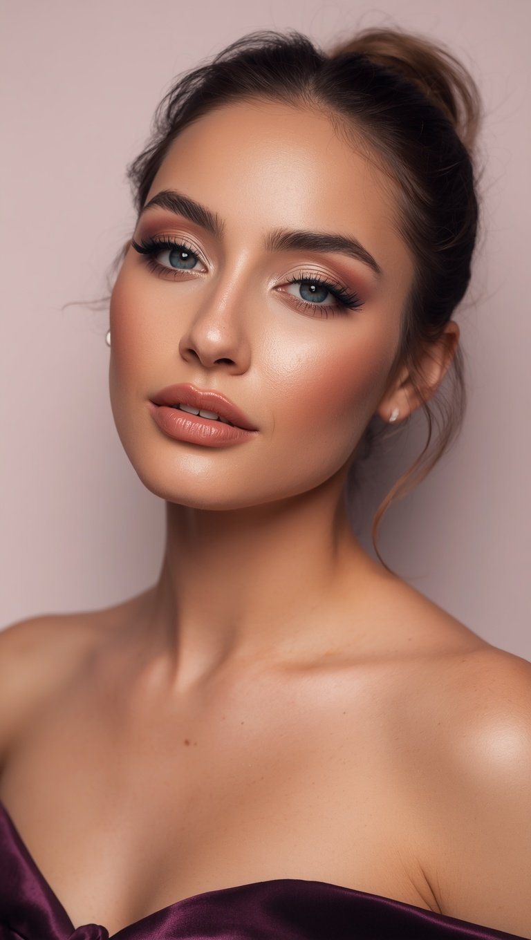 Young woman with blue eyes wearing elegant glamour makeup, updo hairstyle, and off-shoulder purple satin top