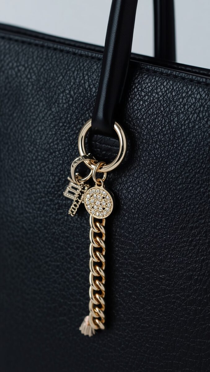 Black pebbled leather tote bag with gold charm keychain featuring pavé crystal medallion and curb chain