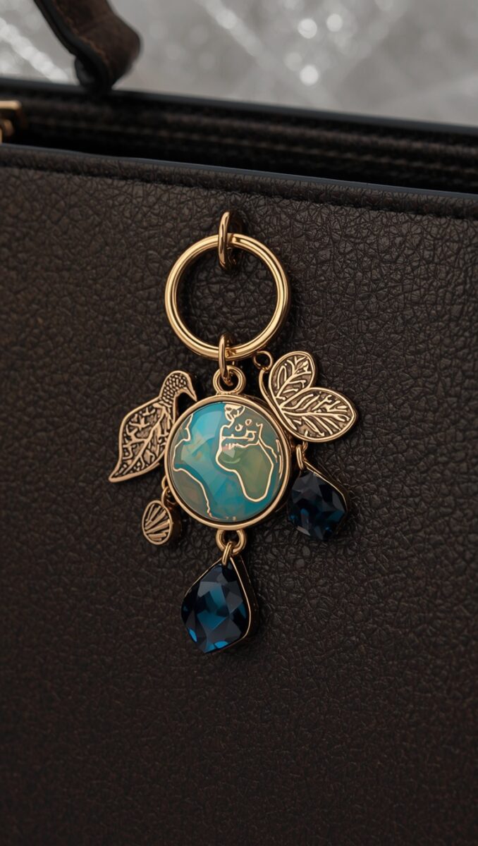 Gold keychain bag charm with earth globe pendant, leaf charms, and dark blue crystal drops on black leather handbag