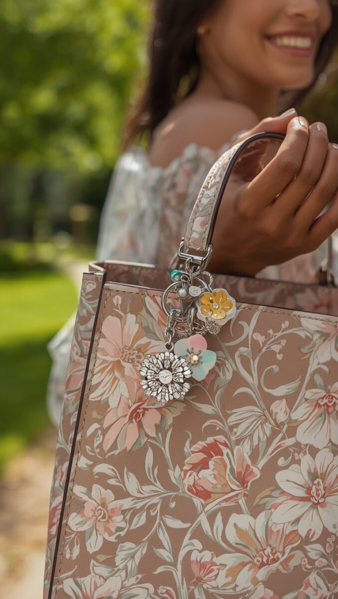 Woman holding a floral print tote bag with decorative flower charms attached to the handle outdoors