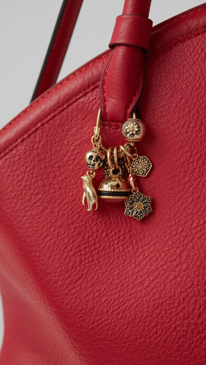 Red pebbled leather handbag with gold charm cluster featuring skull, cat, bell, and floral medallion pendants