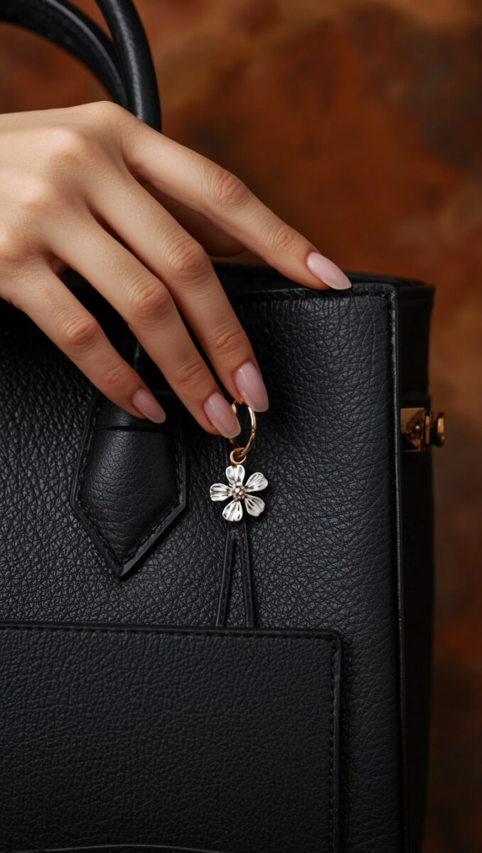 Woman's hand with nude manicure resting on black pebbled leather handbag with silver flower charm