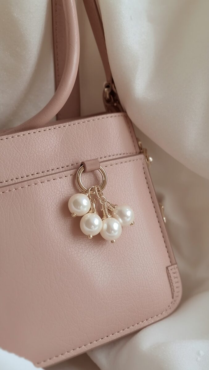 Blush pink leather handbag with a gold ring pearl cluster charm featuring five white pearls attached to the front
