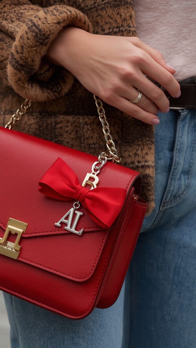 Red leather crossbody bag with satin bow, silver letter charms AL and B, gold chain strap held by woman in leopard coat
