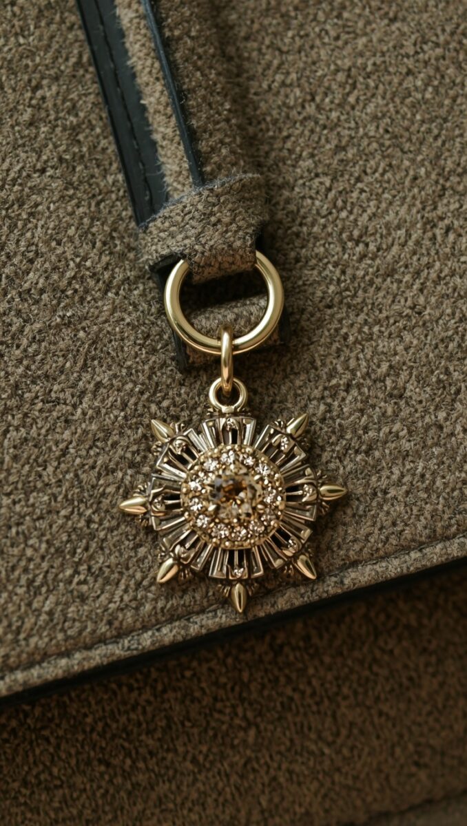 Ornate gold sunburst charm pendant with crystals hanging from a gold ring clasp on a suede bag