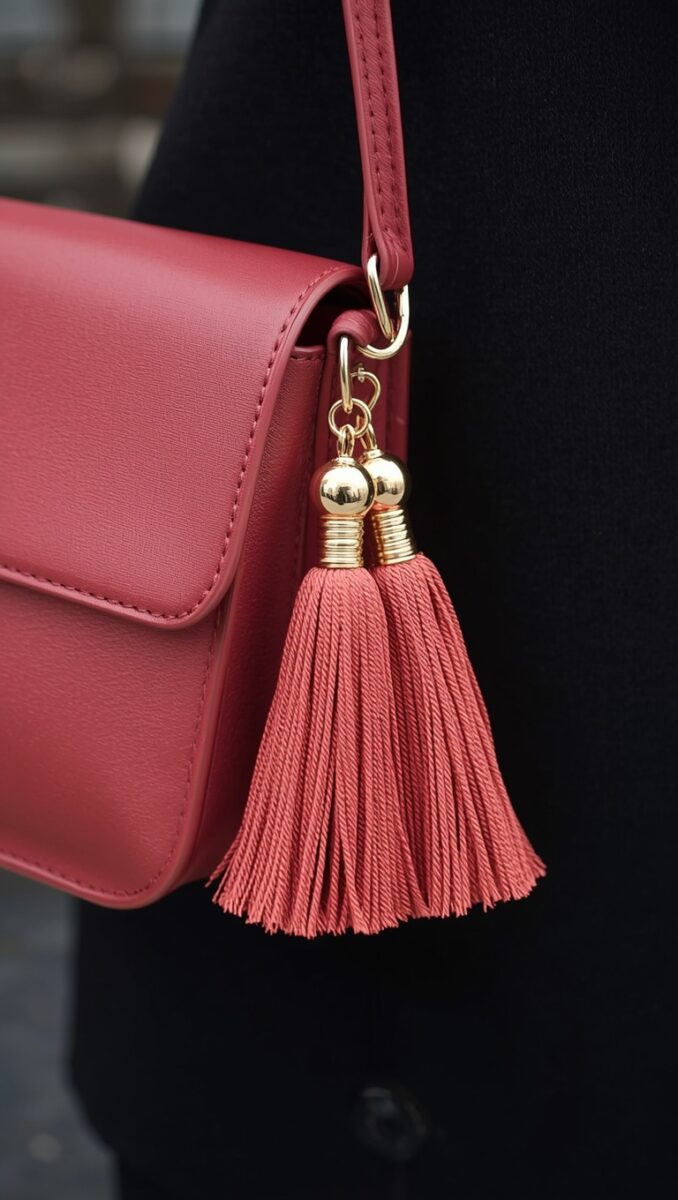 Red leather crossbody bag with double pink tassel charm and gold hardware worn over black outfit