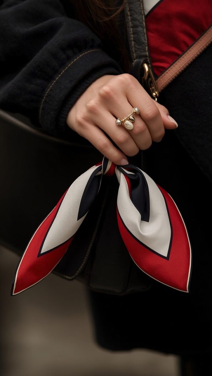 Woman's hand holding red, white, and navy silk scarf with gold charm ring, black jacket and leather bag in background