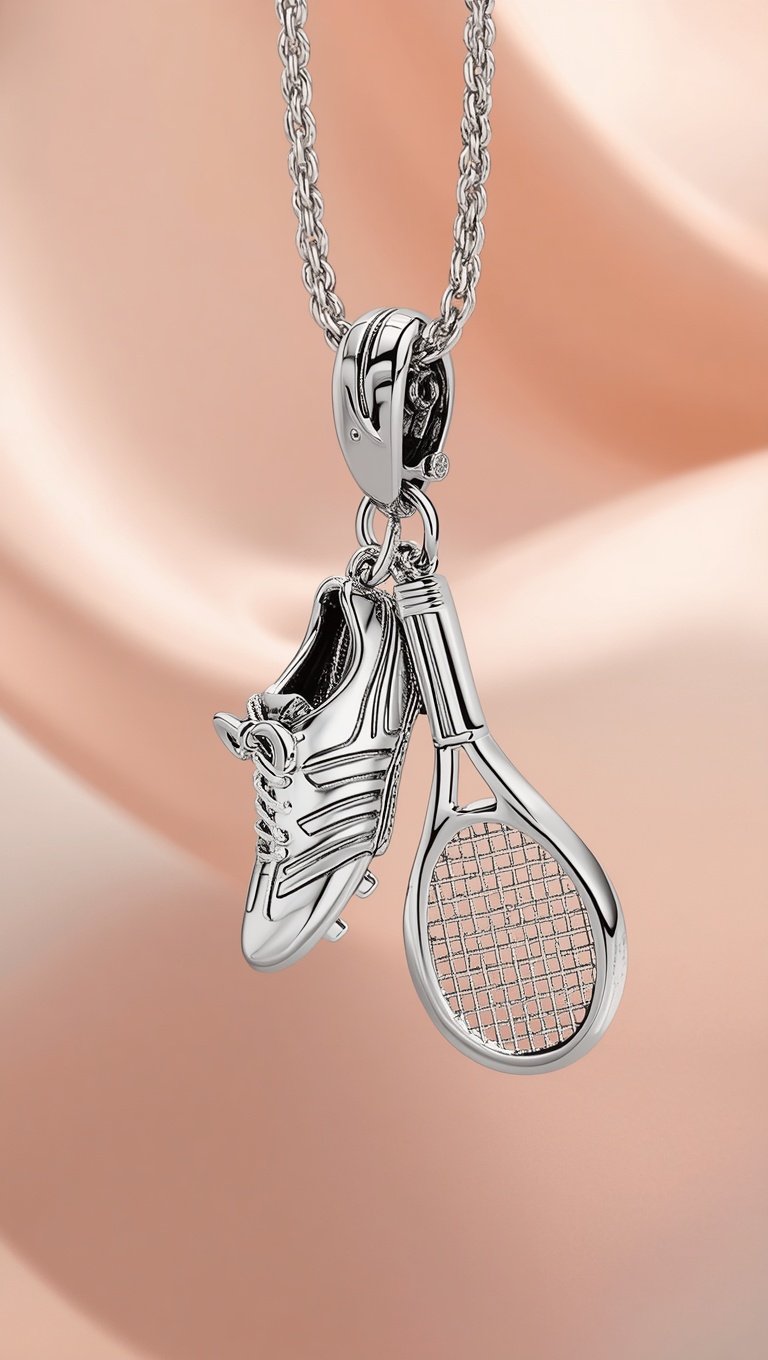 Silver pendant necklace with soccer cleat and tennis racket charms on a rope chain, pink background