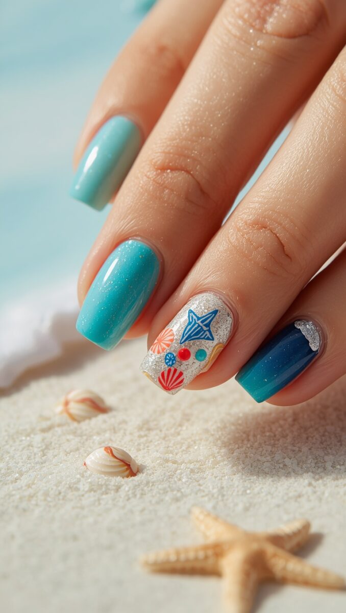 Close-up of beach-themed nail art with teal, turquoise nails and accent nail featuring seashells and starfish on sandy glitter base