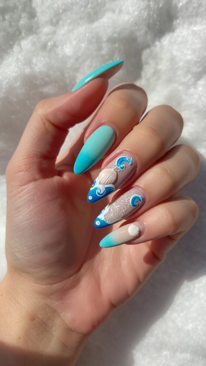 Hand with long almond-shaped nails featuring ocean-themed nail art with teal, blue waves, seashells, and glitter