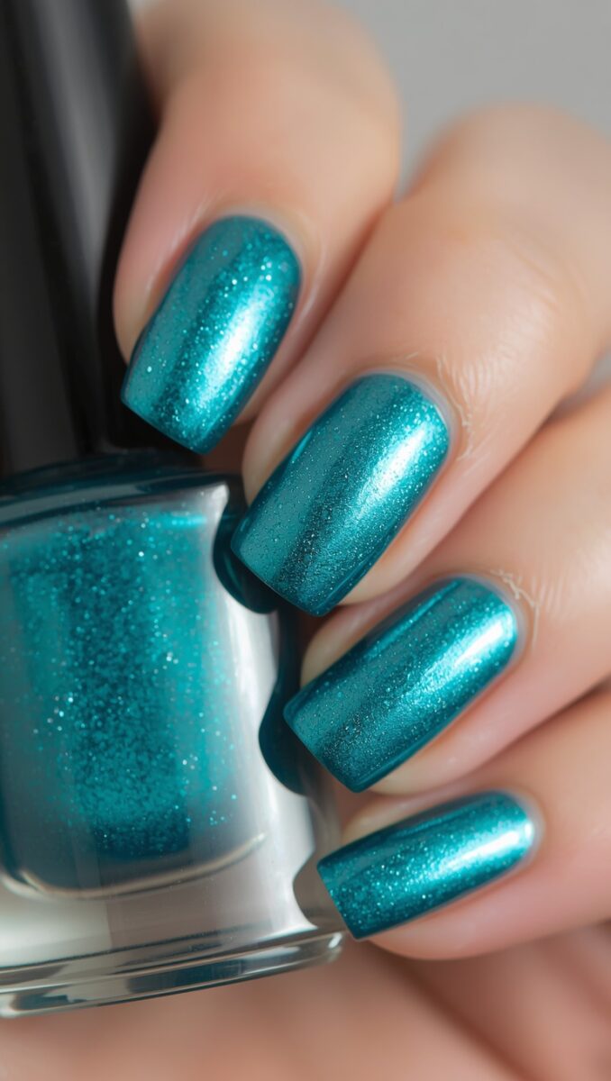 Hand holding teal glitter metallic nail polish bottle with matching painted square nails