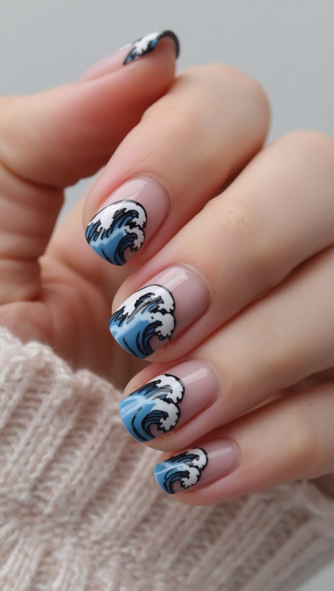 Hand with short rounded nails featuring Japanese-style ocean wave nail art in blue, white, and black on nude base