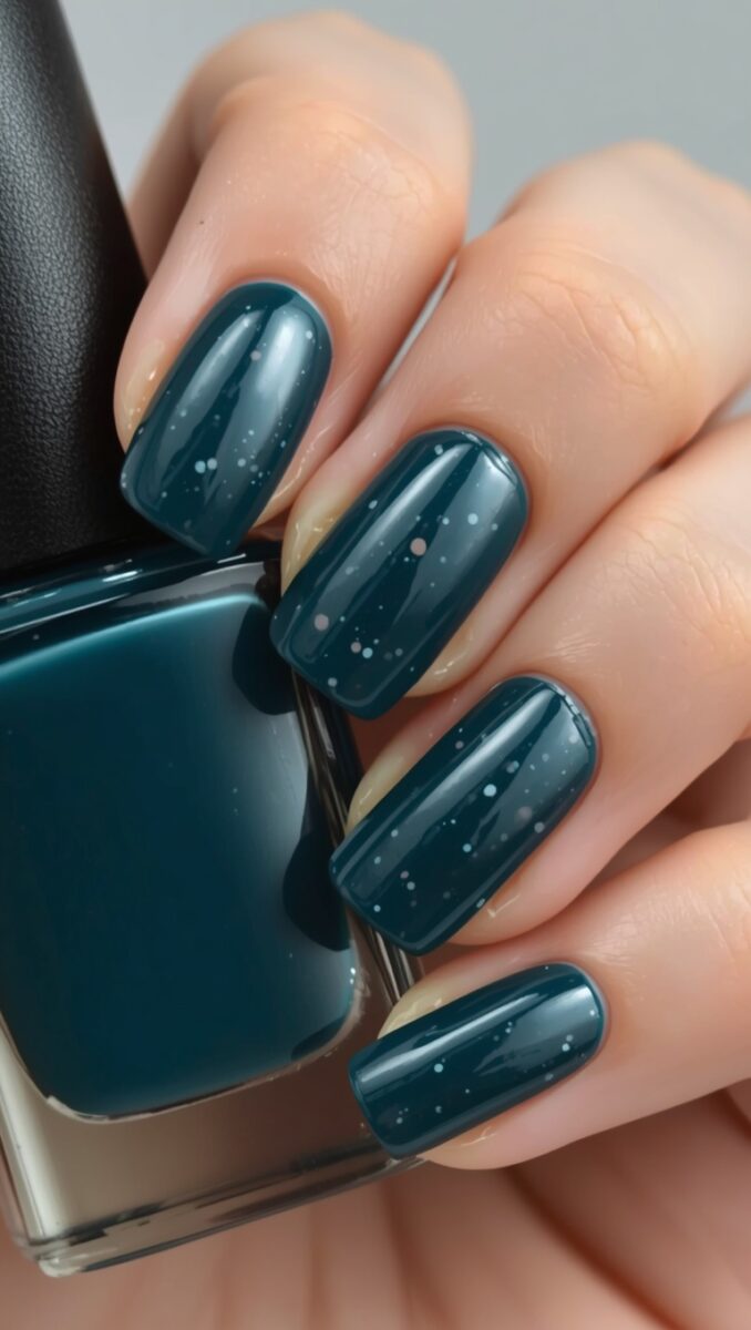 Close-up of hand with square-shaped nails painted in deep teal nail polish with subtle white sparkle dots