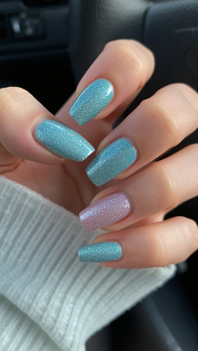 Hand with short square nails painted in sparkly teal blue glitter polish with one accent pink glitter nail